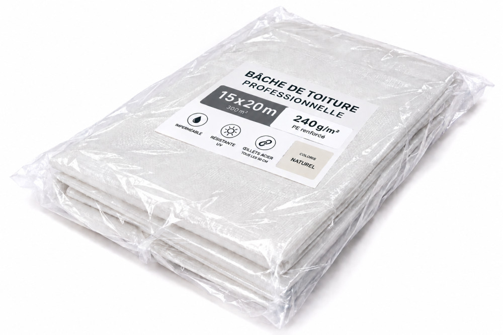 	Bâche de toiture 15x20 m avec œillets acier et ourlet renforcé