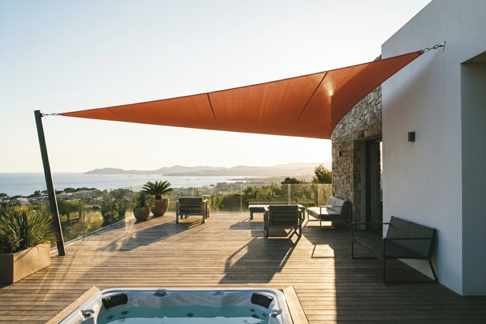Voile d'ombrage triangulaire 6 x 6 x 6 m sur terrasse