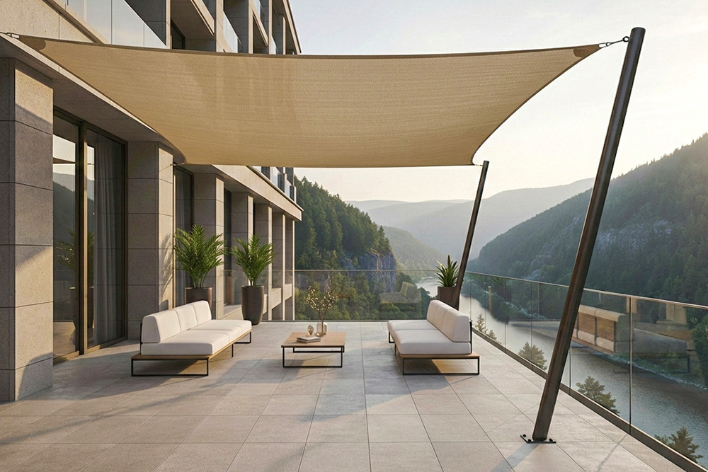Voile d'ombrage carré 5 x 5 m sur terrasse