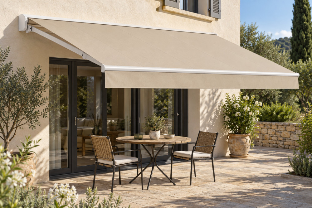 Toile de store banne beige unie avec lambrequin droit, déployée au-dessus d’une terrasse