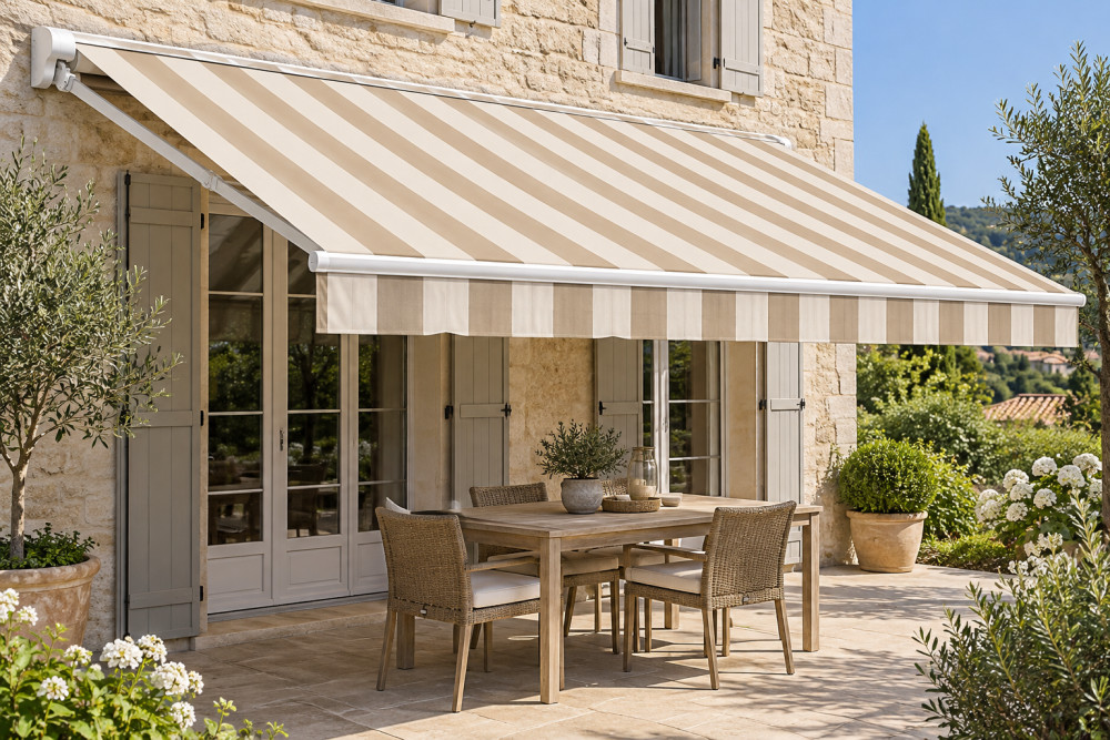 Toile de store banne à rayures beige et écru, déployée au-dessus d’une terrasse avec table et chaises.