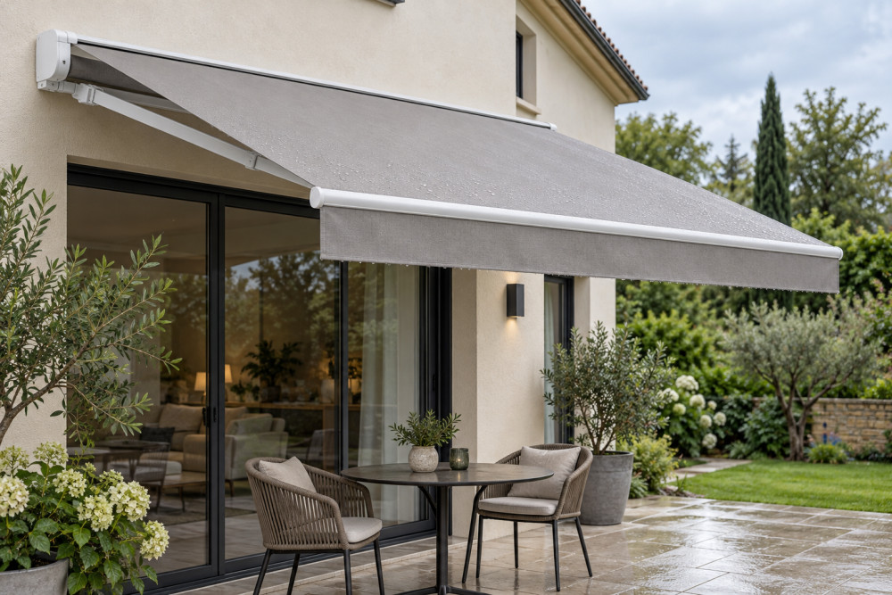 Toile grise unie de store banne avec gouttes d’eau, déployée au-dessus d’une terrasse