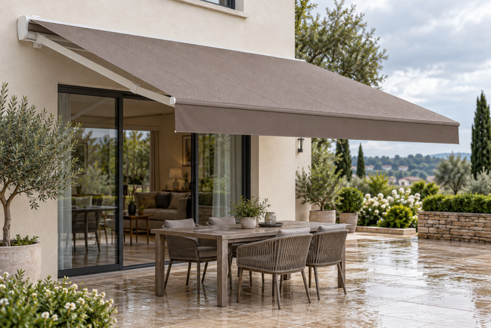 Toile taupe unie de store banne avec gouttes d’eau, déployée au-dessus d’une terrasse avec table et chaises.