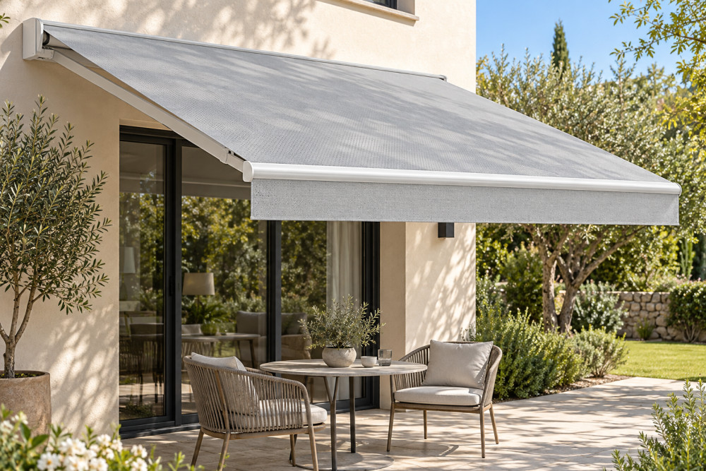 Toile microperforée grise de store banne, déployée au-dessus d’une terrasse avec table et chaises