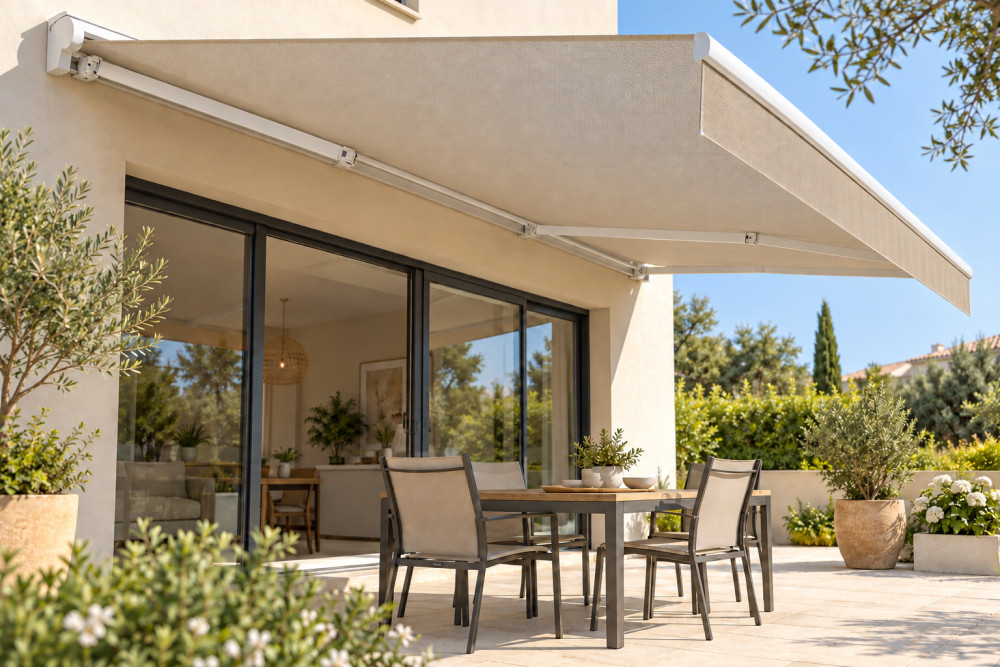 Toile microperforée beige de store banne laissant filtrer la lumière au-dessus d’une terrasse