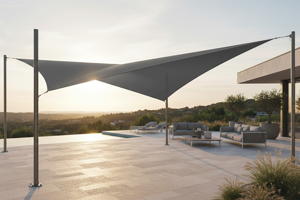 Voile d’ombrage autoportante TWIST anthracite sur quatre mâts en aluminium, installée sur une terrasse près d’une piscine