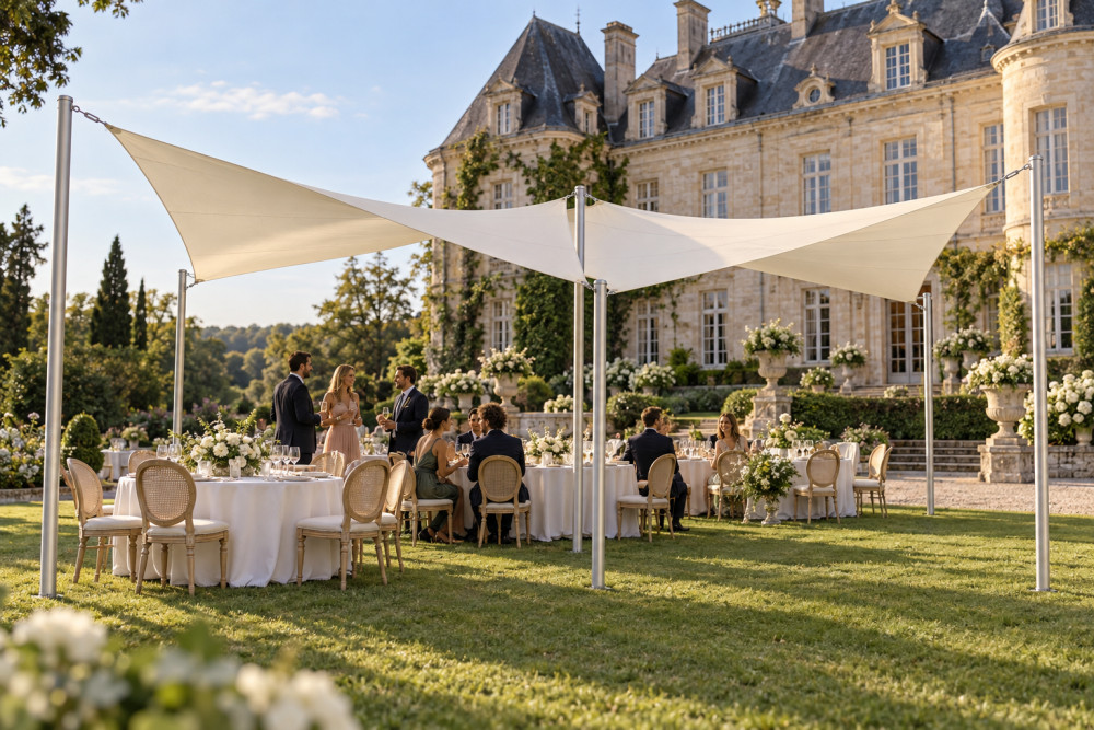 Voile d’ombrage autoportante TWIST 7 × 5 m avec mâts