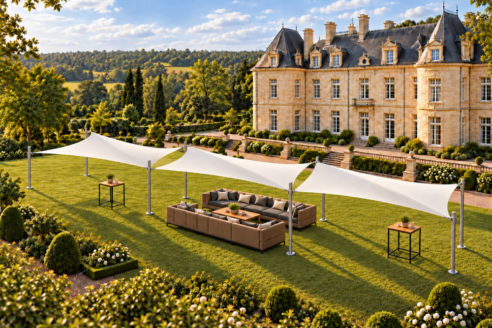 Voile d’ombrage autoportante TWIST 7 × 6 m avec mâts