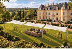 Voile d’ombrage autoportante TWIST 7 × 6 m avec mâts