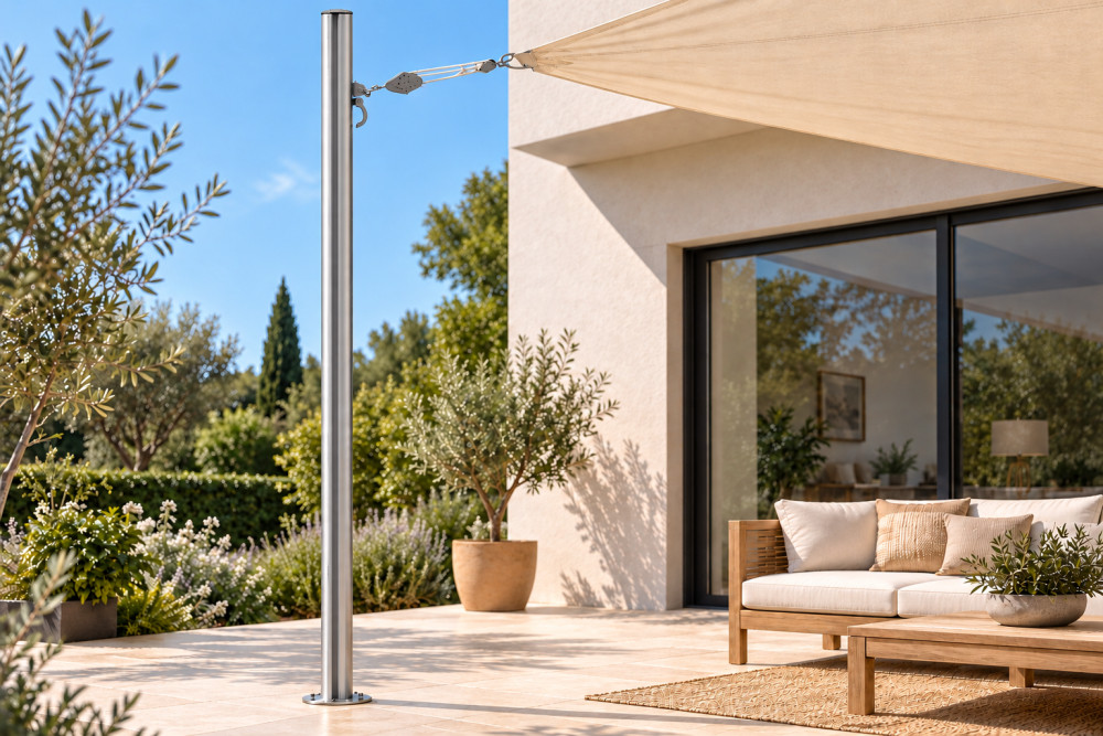 Mât aluminium T1 Ø 83 mm pour voile d’ombrage en situation sur une terrasse.