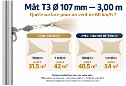 Surfaces indicatives à 60 km/h pour le mât T3 de 3 m, avec ou sans renfort, selon la forme de la voile.