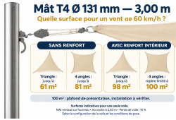 Surfaces indicatives à 60 km/h pour le mât T4 de 3 m, avec ou sans renfort, selon la forme de la voile.