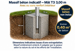 Massif béton enterré de 60 × 60 × 110 cm pour mât T3 de 3 m : dimensions indicatives à adapter au sol.