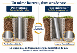 Fourreau réversible pour mât de voile d’ombrage : pose verticale sur l’extrémité droite ou inclinée à 7° sur le biseau.