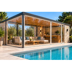 Poolhouse fermé par des bâches PVC transparentes sur mesure