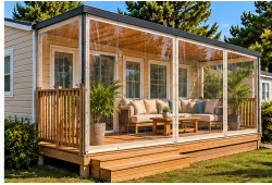 Fermeture de terrasse de mobil-home avec bâches PVC transparentes sur mesure