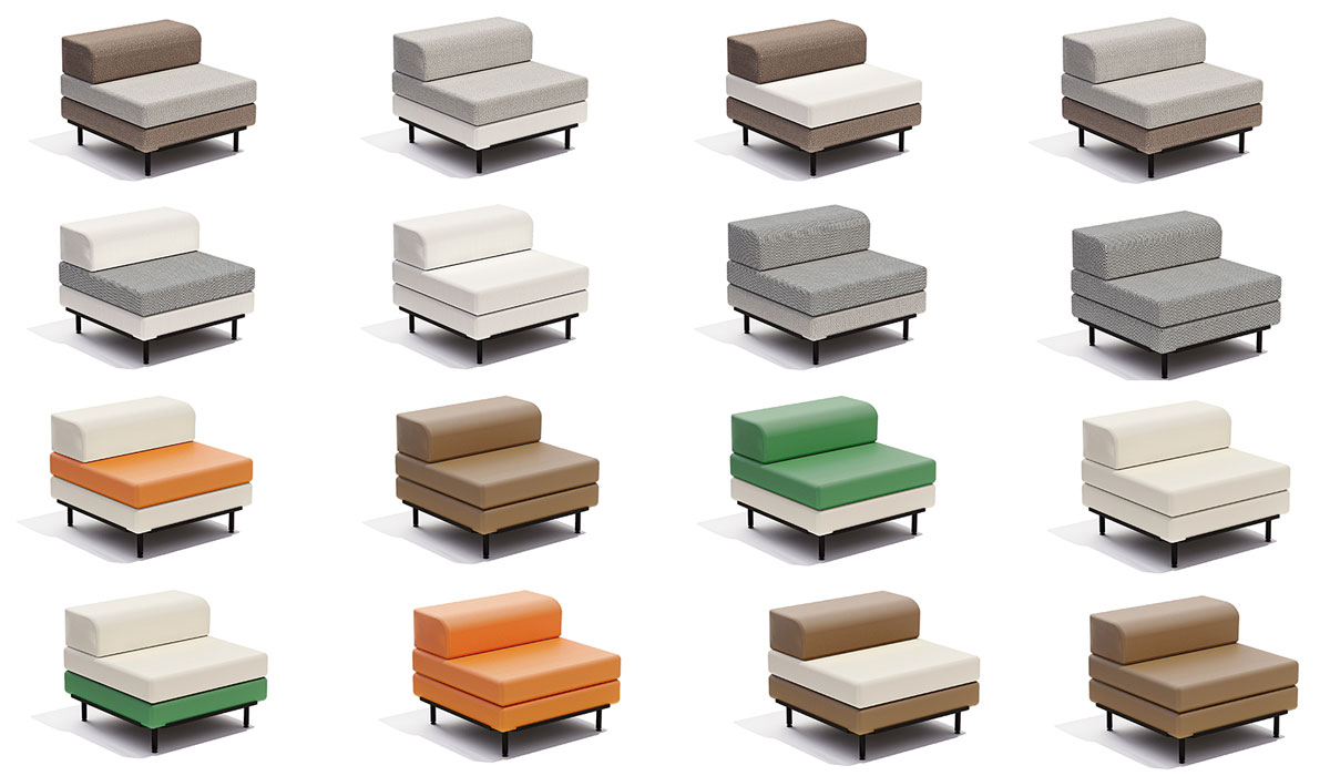 présentation de plusieurs mobilier Molt de couleurs différentes.