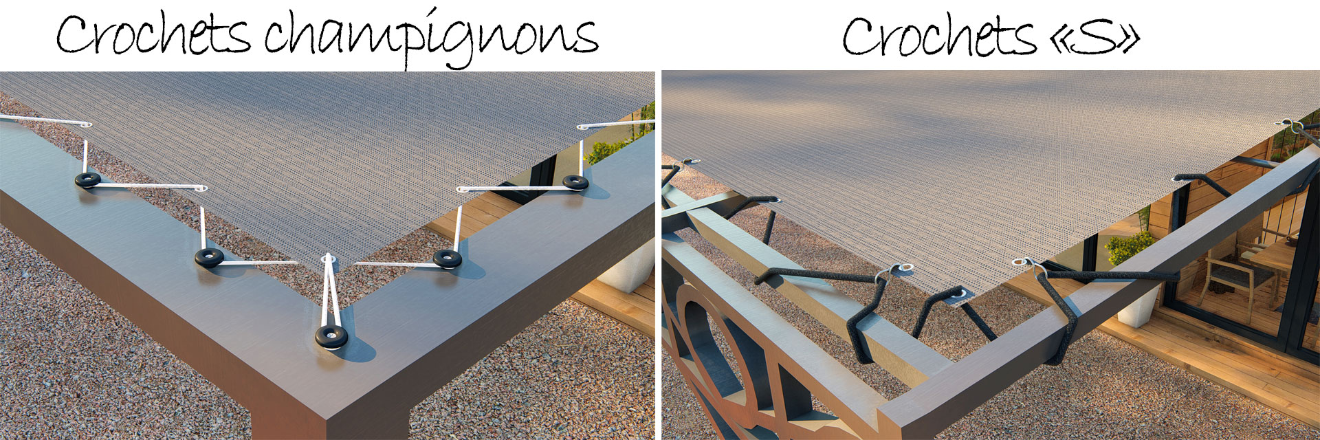 comparaison entre une fixation de toile de pergola par crochet s et par crochets champignons