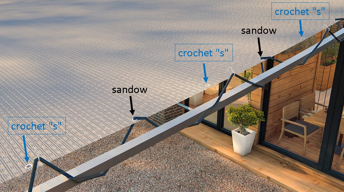 Fixation d'une toile de pergola par crochets et sandow