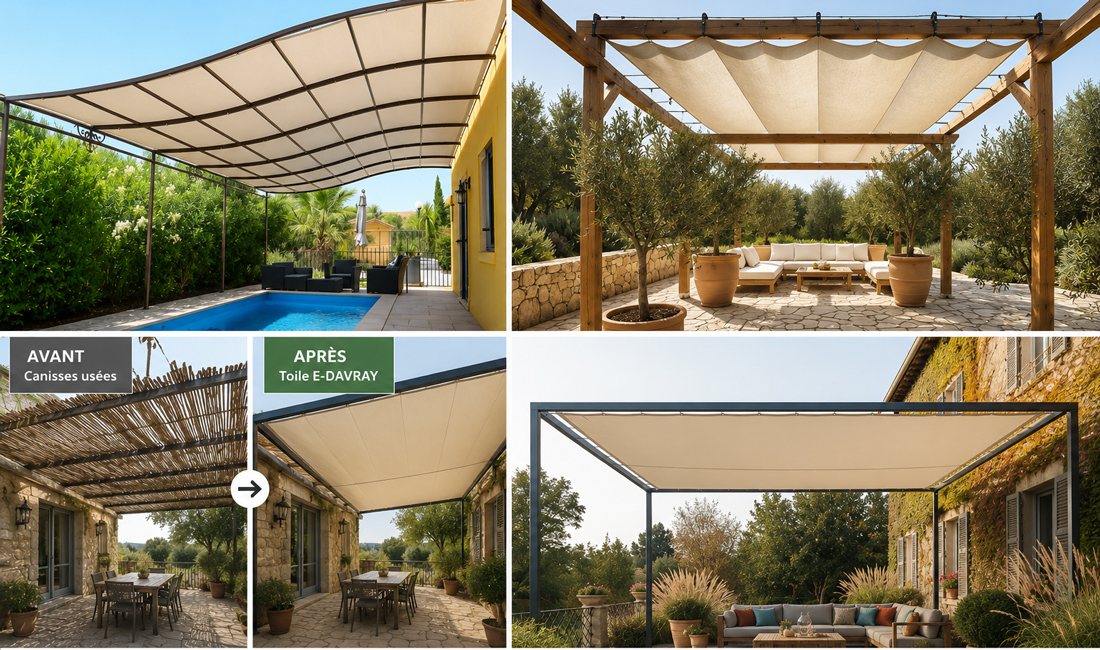 Différents projets de toiles de pergola sur mesure : remplacement d'une toile, remplacement de canisses, pergola bois et pergola aluminium.