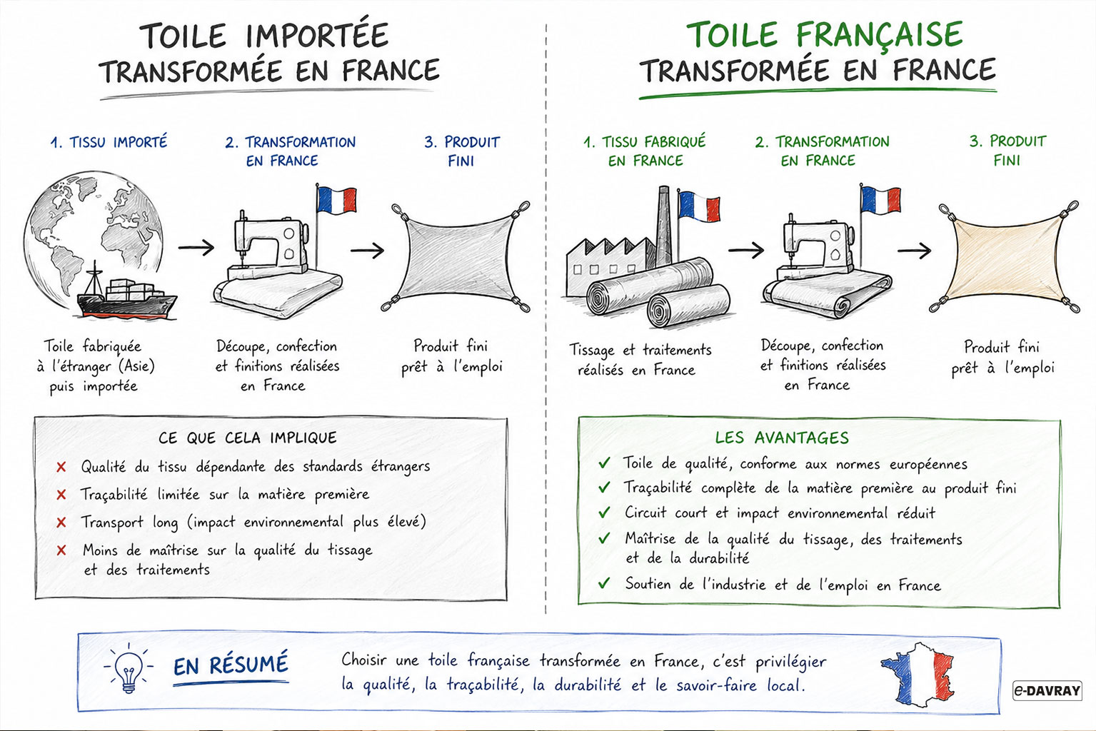 Schéma comparatif illustrant la différence entre une toile importée puis confectionnée en France et une toile fabriquée puis confectionnée en France, avec les étapes de production, de transformation et les avantages en matière de qualité, traçabilité et durabilité.