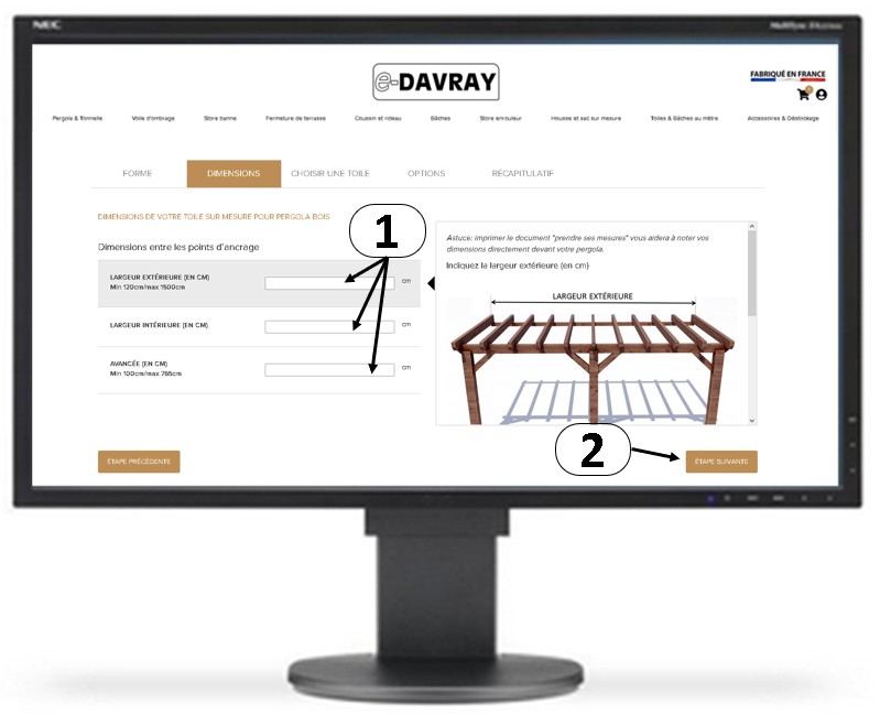 Comment compléter les dimensions d'une toile pour pergola en bois