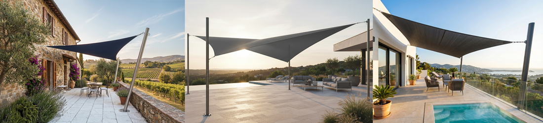 différents exemples d'installations terrasse, piscine, pergola, restaurant.