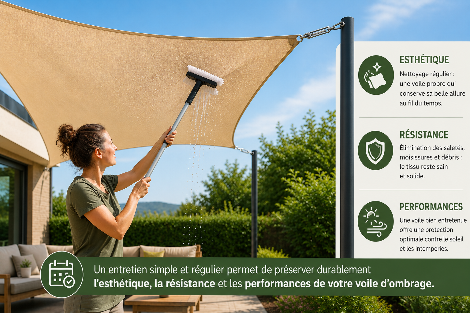Nettoyage d'une voile d'ombrage sur mesure tendue avec une brosse douce et de l'eau claire, illustrant l'entretien régulier pour préserver son esthétique, sa résistance et ses performances.