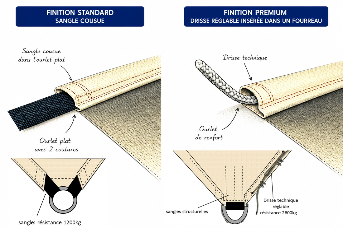 Comparaison entre la finition Standard et la finition Premium d'une voile d'ombrage E-DAVRAY